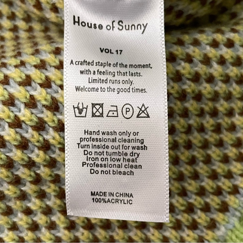 HOUSE OF SUNNY Lime Green Blue Tropical Knit Cropped Collared Cardigan Sweater - Picture 16 of 17